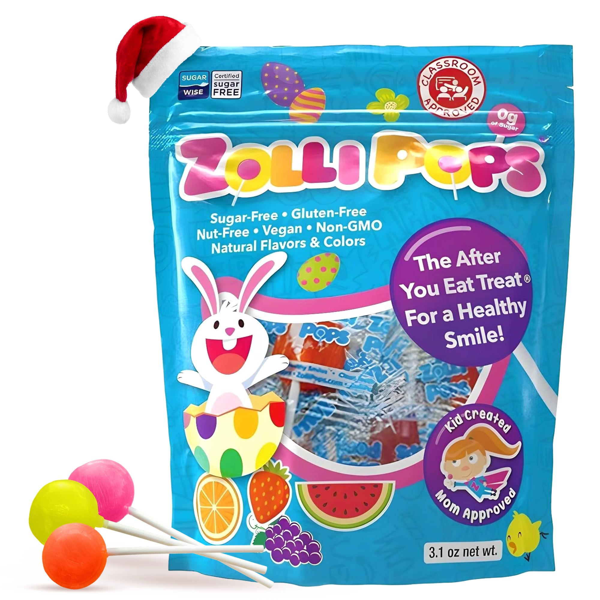 Zollipops Easter Bunny Clean Teeth Pops Sugar Free Candy with Xylitol, Dye-Free Lollipops - Keto & Diabetic-Friendly, Dentist-Approved Treats for Kids (Natural Fruit Flavors, 3.1 oz)
