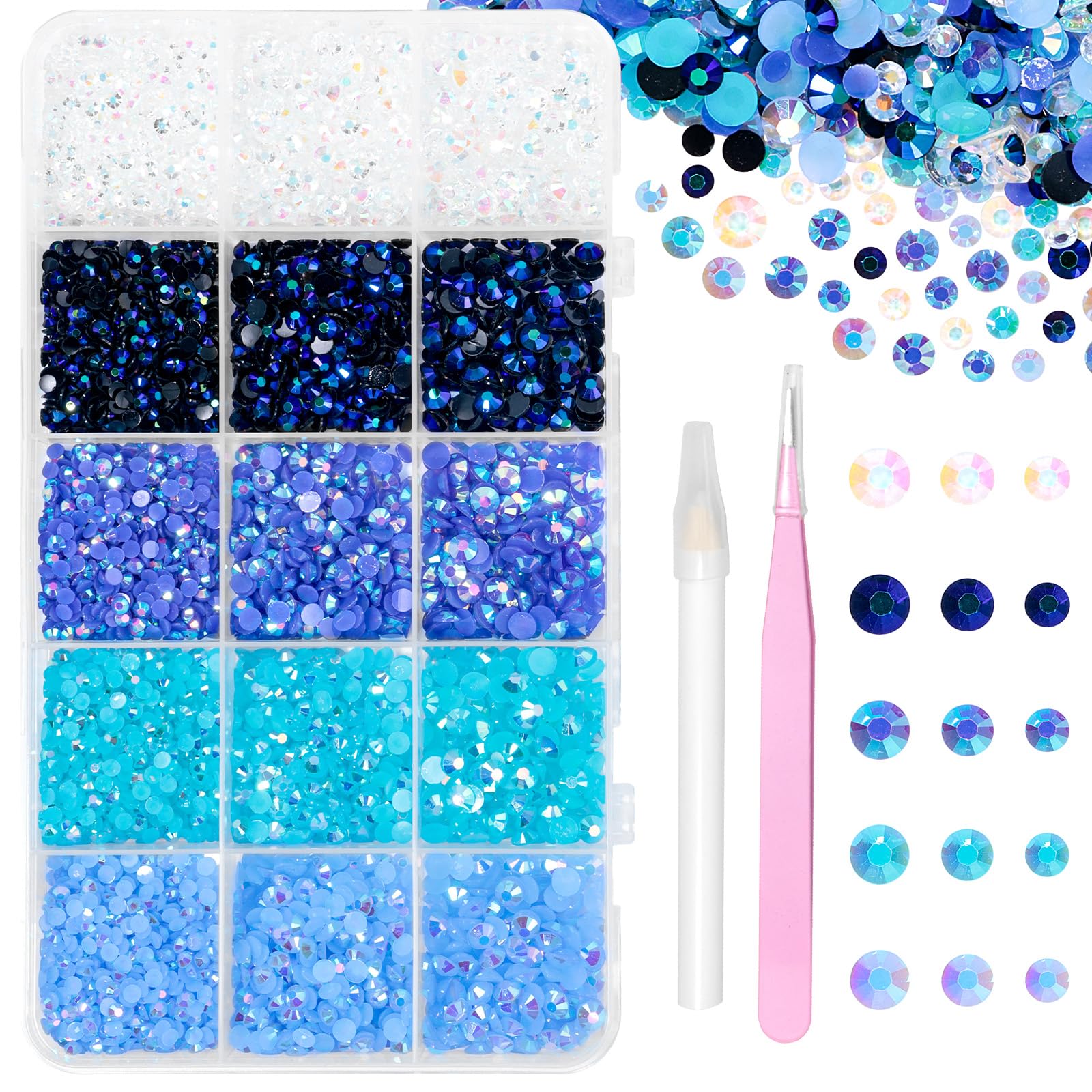 Photo 1 of 12000 Pcs Resin Jelly Rhinestones for Crafting, Multi Sizes Flatback Blue Color Gems, Bedazzling Crystal with Pickup Tool for DIY Crafts Clothing Shoes Fabric Nail Art
