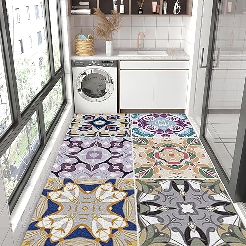 Miniatura 3 de TuLdys Tapete de cocina floral bohemio, colorido, antideslizante, 4 x 5 pies, 48 x 60 pulgadas, tapete bohemio de piel sintética impermeable para