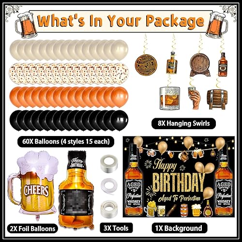 Miniatura 2 de Bluegogo Decoraciones de fiesta de whisky para hombres, kit de 82 piezas envejecidas a la perfección con globos de aluminio, telón de fondo,