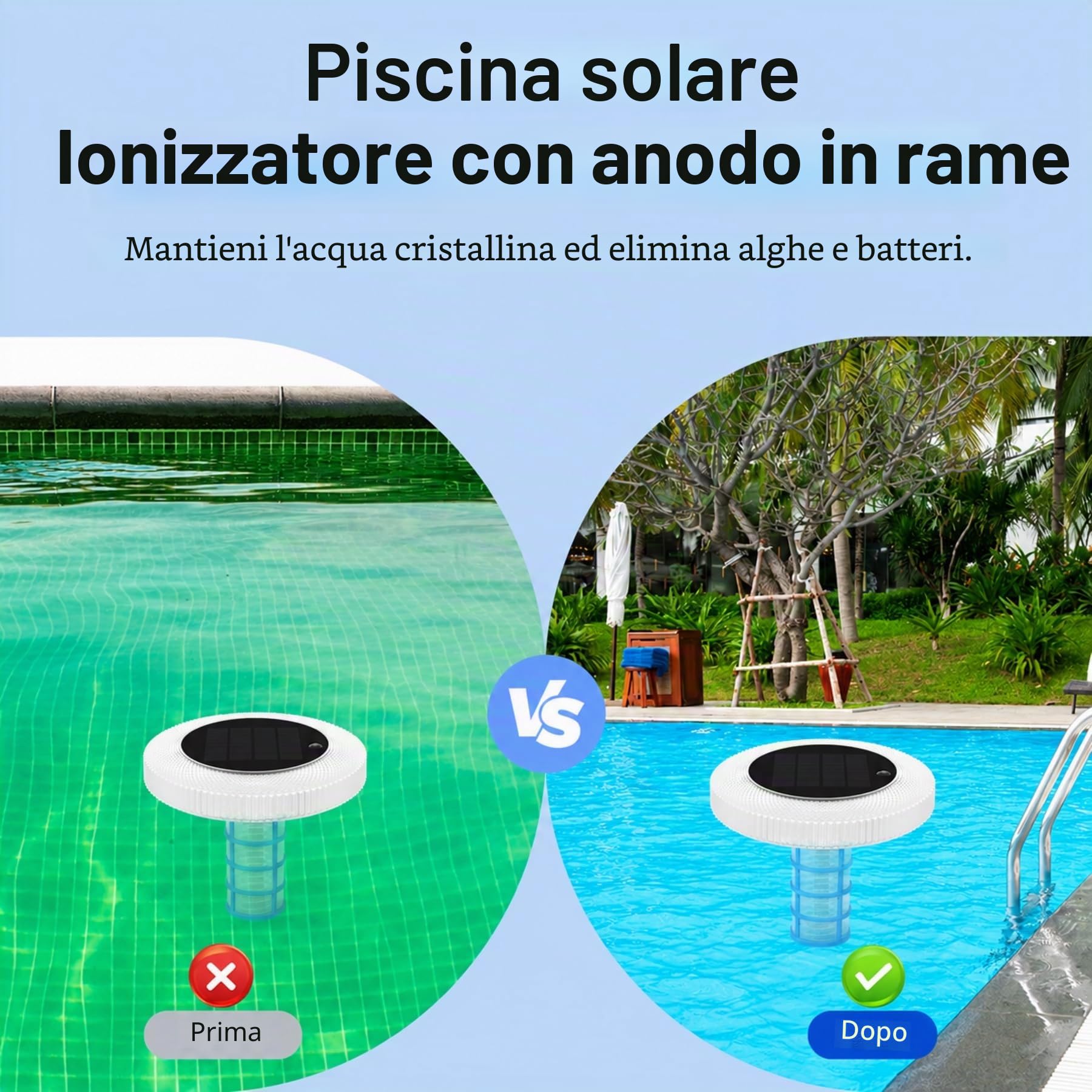 sylvwin Ionizzatore solare per piscina con anodi di rame, purificatore d'acqua galleggiante con anodo di rame per piscine, illuminazione solare per piscine, luci solari RGB, purificatore d'acqua per