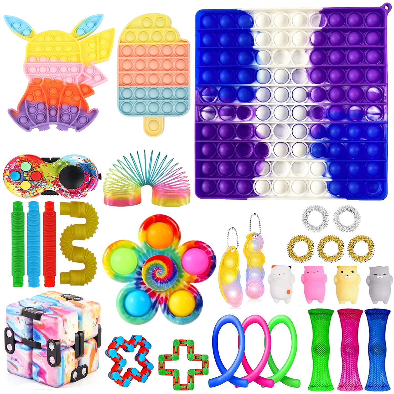Fidget Toys Pack 30 Pcs Fidget Toy Sets Fidget Pack Cheap Sensory Fidget Toy Pack with Marble Mesh Anxiety Tube Stress Relief Toys Set for Adults Kids