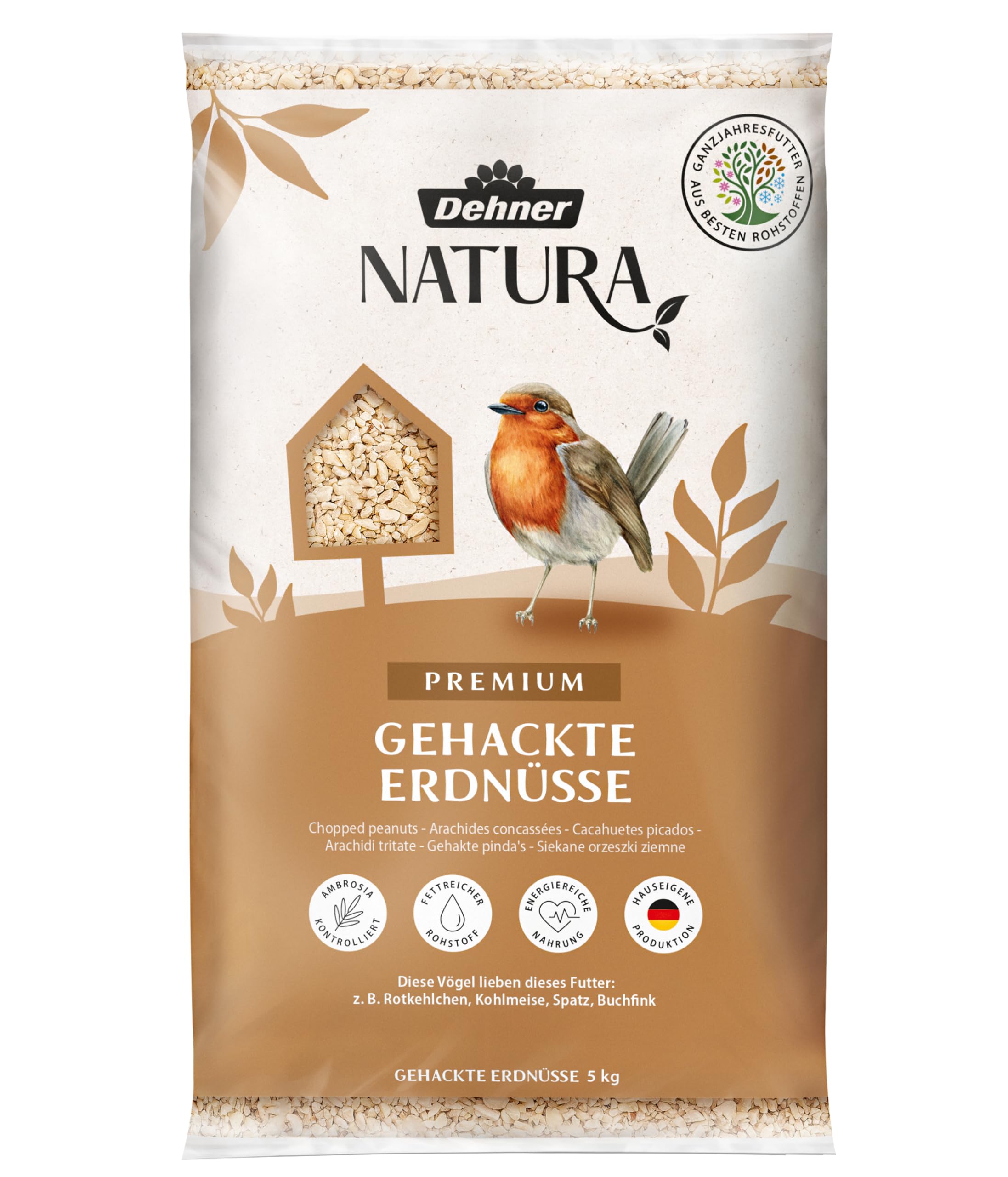 Dehner Natura Premium Wildvogelfutter, gehackte Erdnüsse schalenfrei, Ganzjahresfutter proteinreich / energiereich, hochwertiges Vogelfutter für Wildvögel, 5 kg