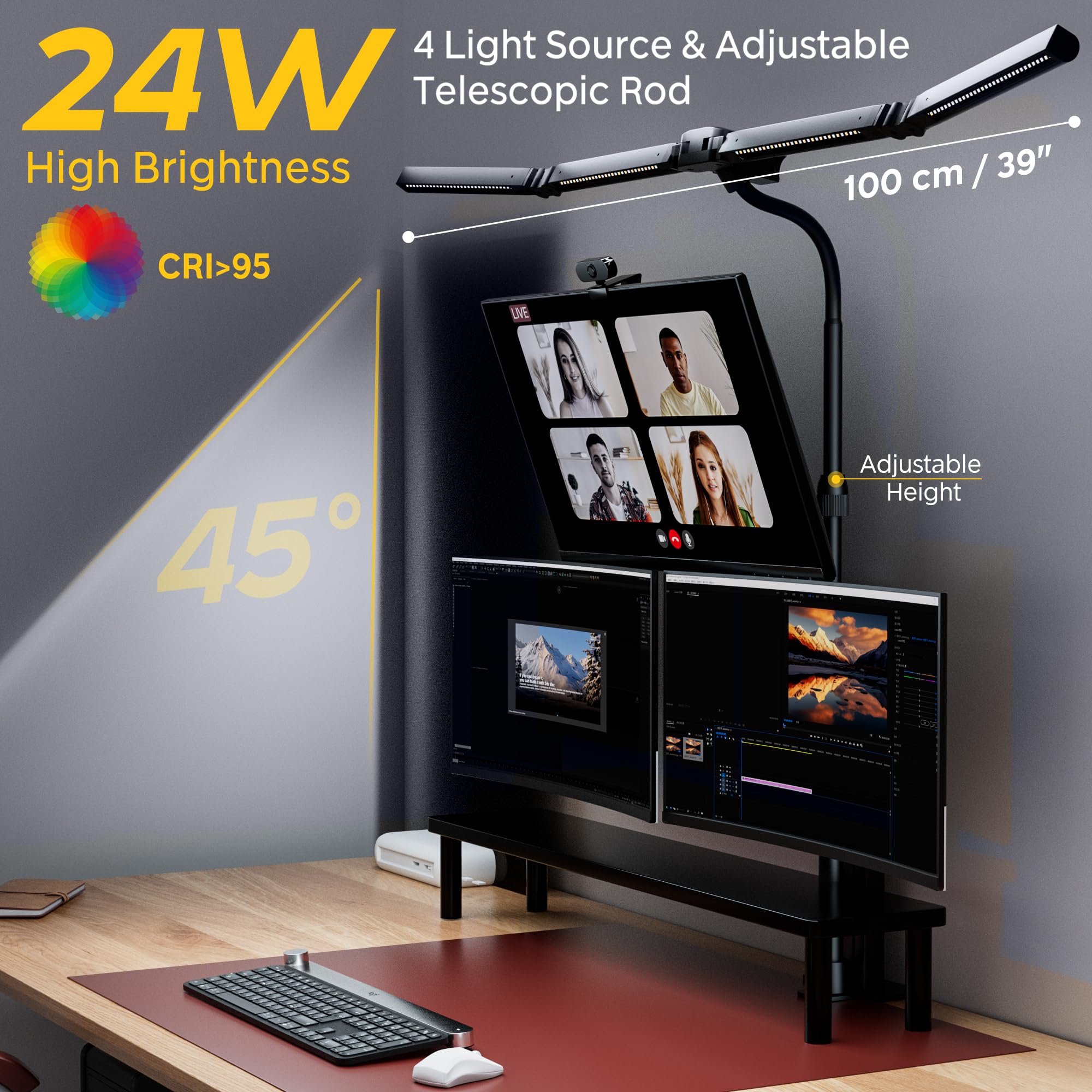 EYOCEAN Schreibtischlampe, 4 Lichtquellen, Teleskopstange mit Einstellbarer Höhe, 24W 100cm Tageslichtlampe Schreibtisch mit Fernbedienung, Dimmbare Monitor Lampe, Schwanenhals Büro Tischlampe