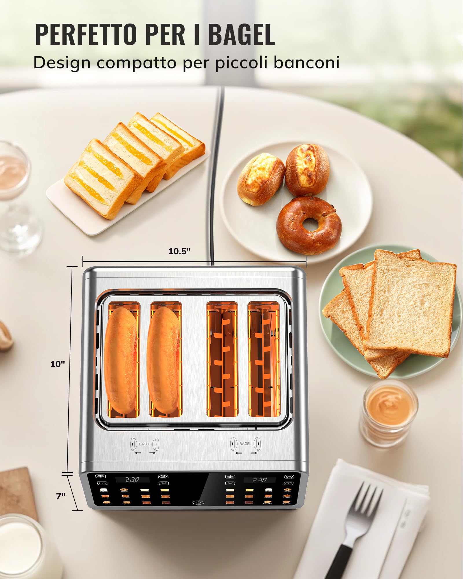 Keenstone Tostapane a 4 fette Ampie fessure, ideale per pane spesso e bagel 6 livelli di doratura più scongelamento Riscaldare Scongelare per Bagel Pane Cialde Acciaio Inox