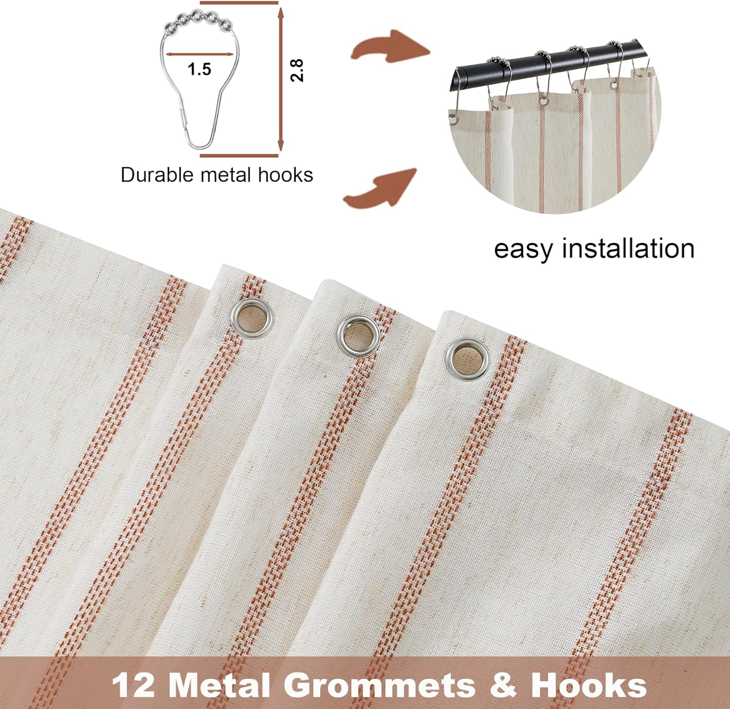 PROCIDA Terracotta Shower Curtain-Eyelet Striped, 72x72 Inch Yarn Dyed Linen Blend Cloth Fabric Bathroom Curtain with 12 Metal Hooks, Bath Curtain for Modern Farmhouse Bathrooms