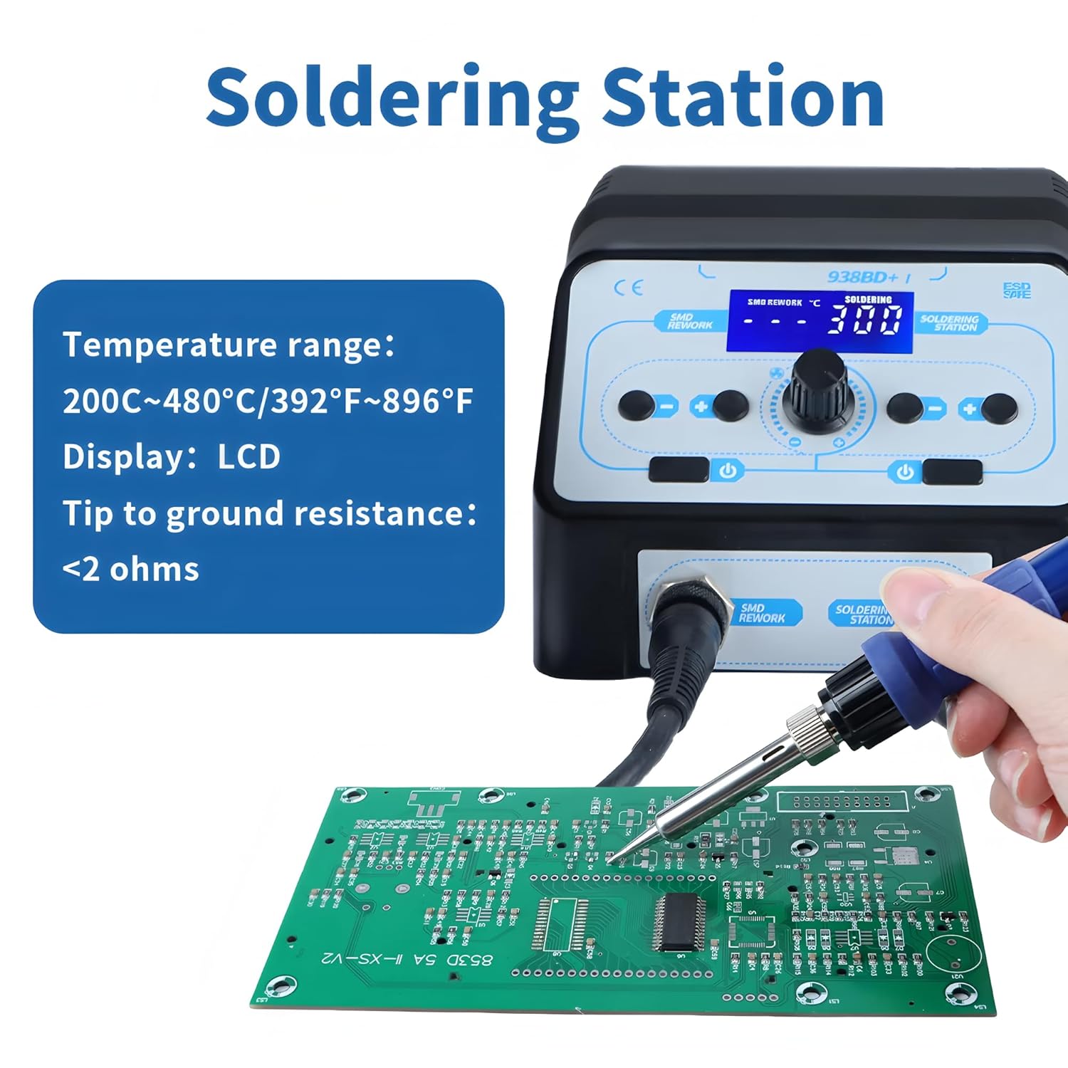Soldering Station with soldering iron and circuit board, showing temperature and resistance specifications