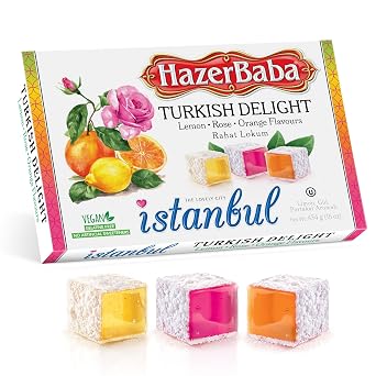 Hazer Baba Turkish Delight Candy Rose, Lemon & Orange Flavour, 16 Oz Pack of 1, Gourmet Snack Box, Traditional, Vegan Snack, Turkish Lokum, Unique Sweets, Loukumi, Delicias Turcas, Halal, Kosher