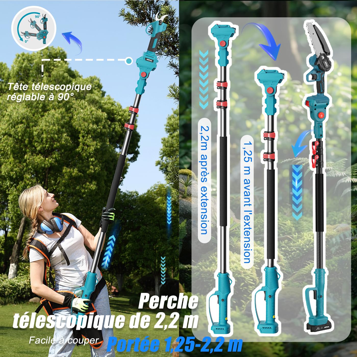Sécateur Électrique avec Perche, Sécateur Électrique Sans Fil, Batterie Li-ion 2X2.0ah, Secateur Telescopique Electrique Ciseaux de Jardin,Lames Sk5, Réglage de L'angle 90°