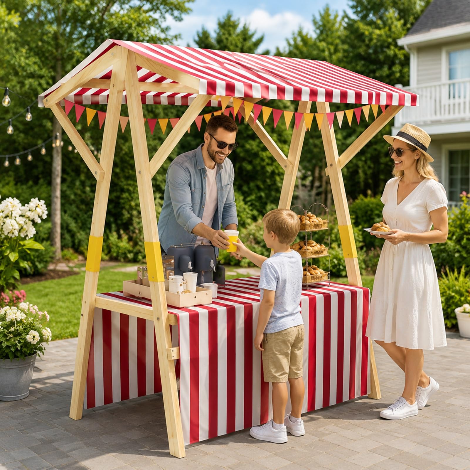 Carrello pieghevole in legno con tettoia a righe, carrello portatile per distributori di alimenti, per eventi all'aperto e mercatini di strada (rosso, 150 cm / 59in), ideale per festival e mercati