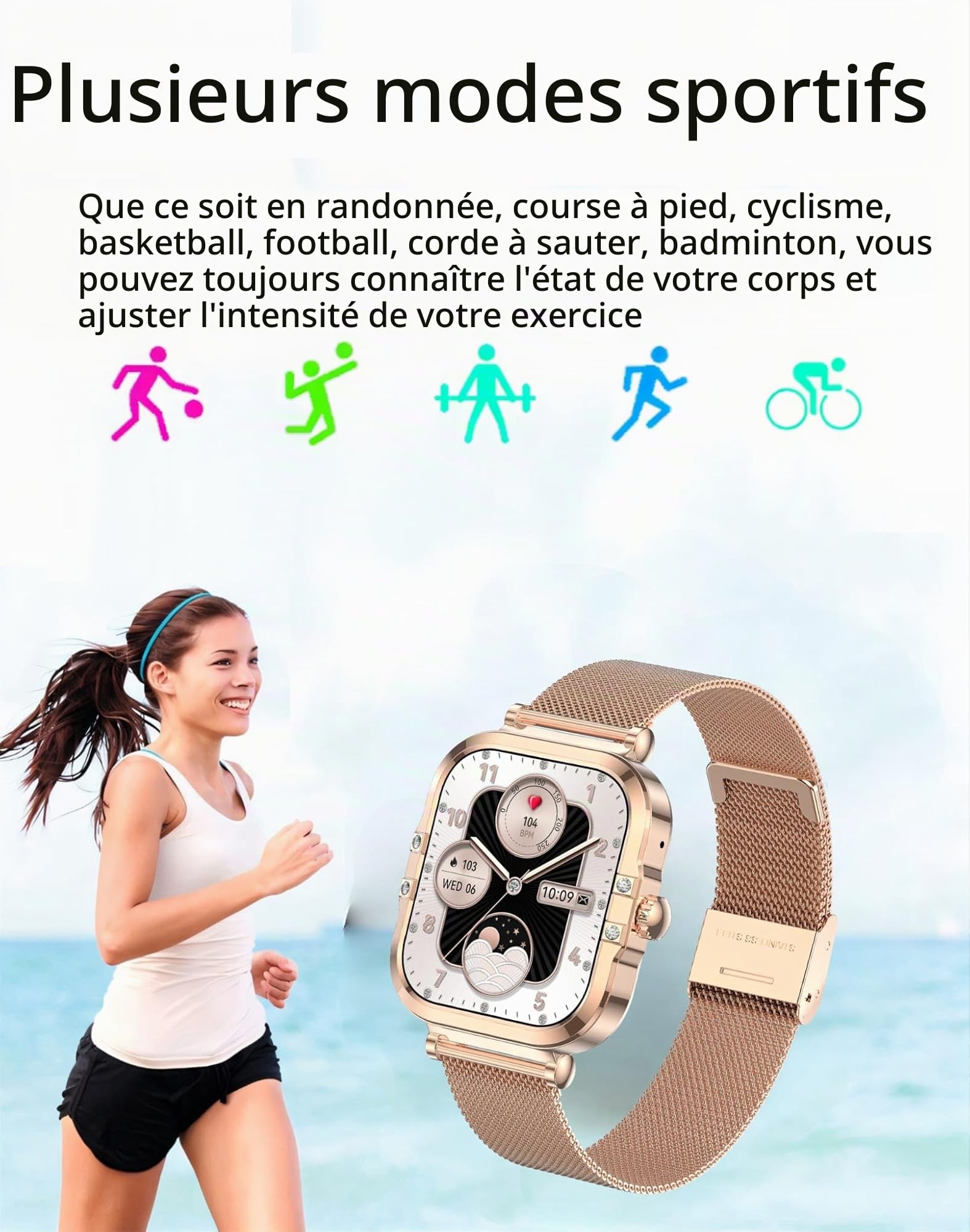 Générique Montre Connectée Femme Doré Élégante AMOLED 1.75" –avec 2 Bracelet Acier/Silicone, Fonction Appels Suivi Santé Complet, Design Luxueux Fleur Dorée - SOS