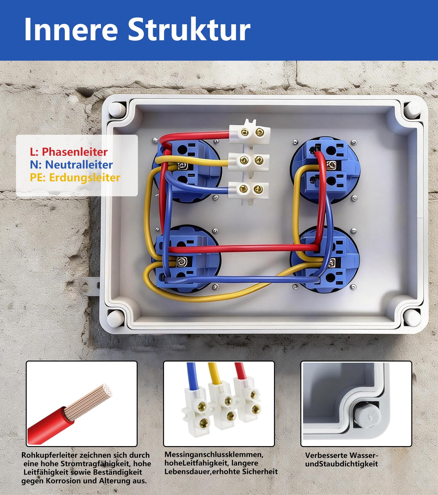 Distribuidor de pared para construcción, con 4 enchufes de 230 V 16 A, enchufe Schuko, IP44 para obras, hogares, industria, interior y exterior