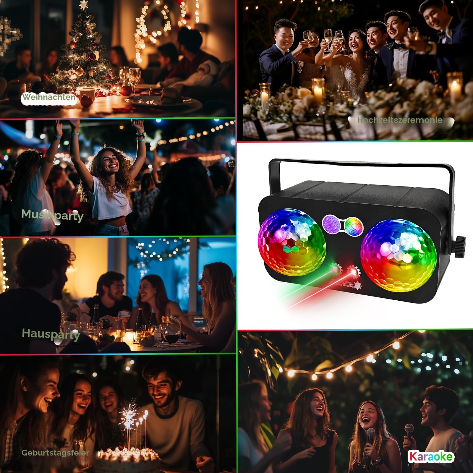 6 in 1 Discokugel Discolicht Partylicht Soundaktivierte LED, Buntes DJ-Stroboskoplicht für Innenräume, Tanzpartys, Geburtstage, Rave, Heimclub, Karaoke, Outdoor-Bühnenlichter