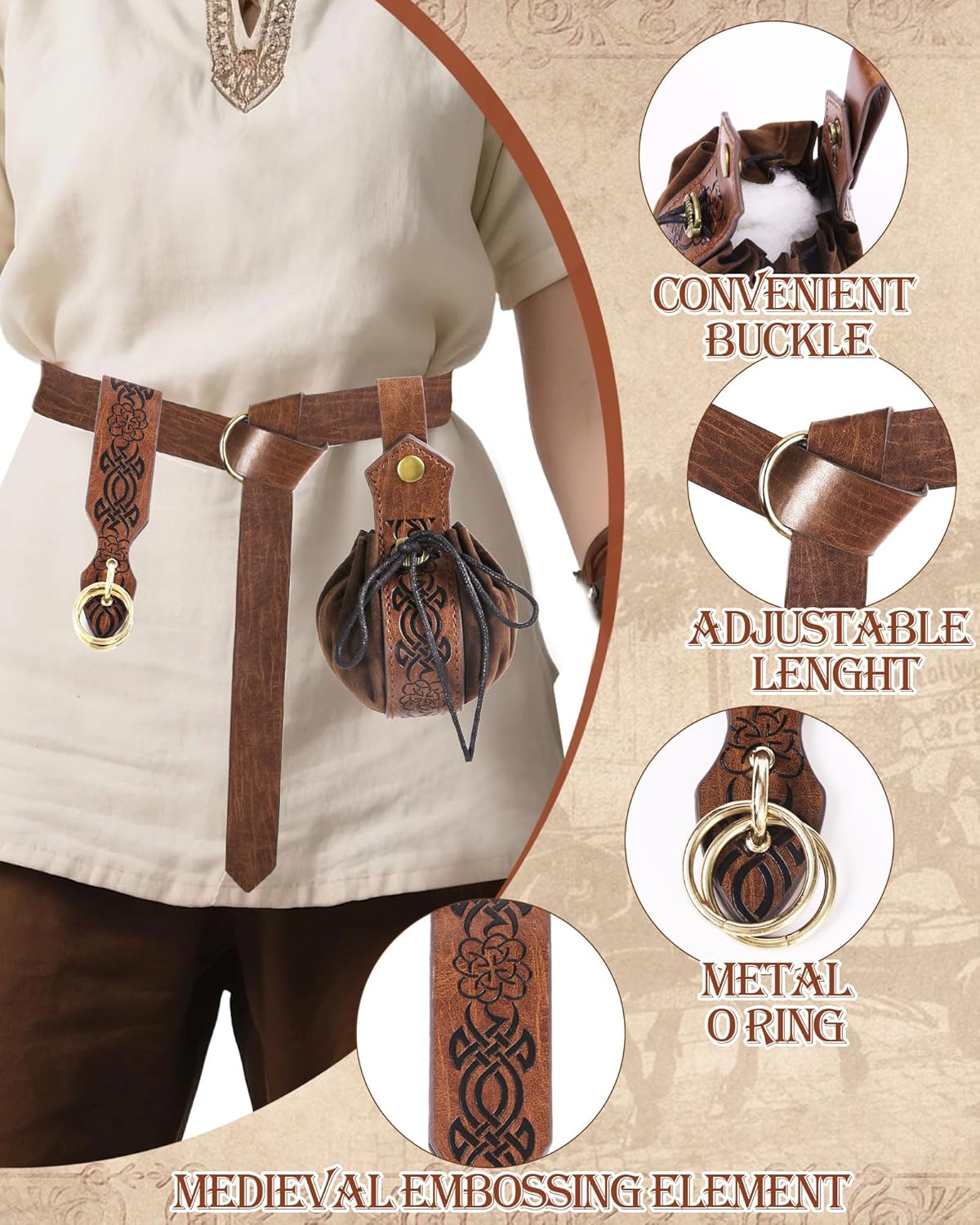 5PCS Renaissance Accessories Medieval Belt Leather Bracers Belt Pouch Keychain Renaissance Costume Set for Halloween - Image 5