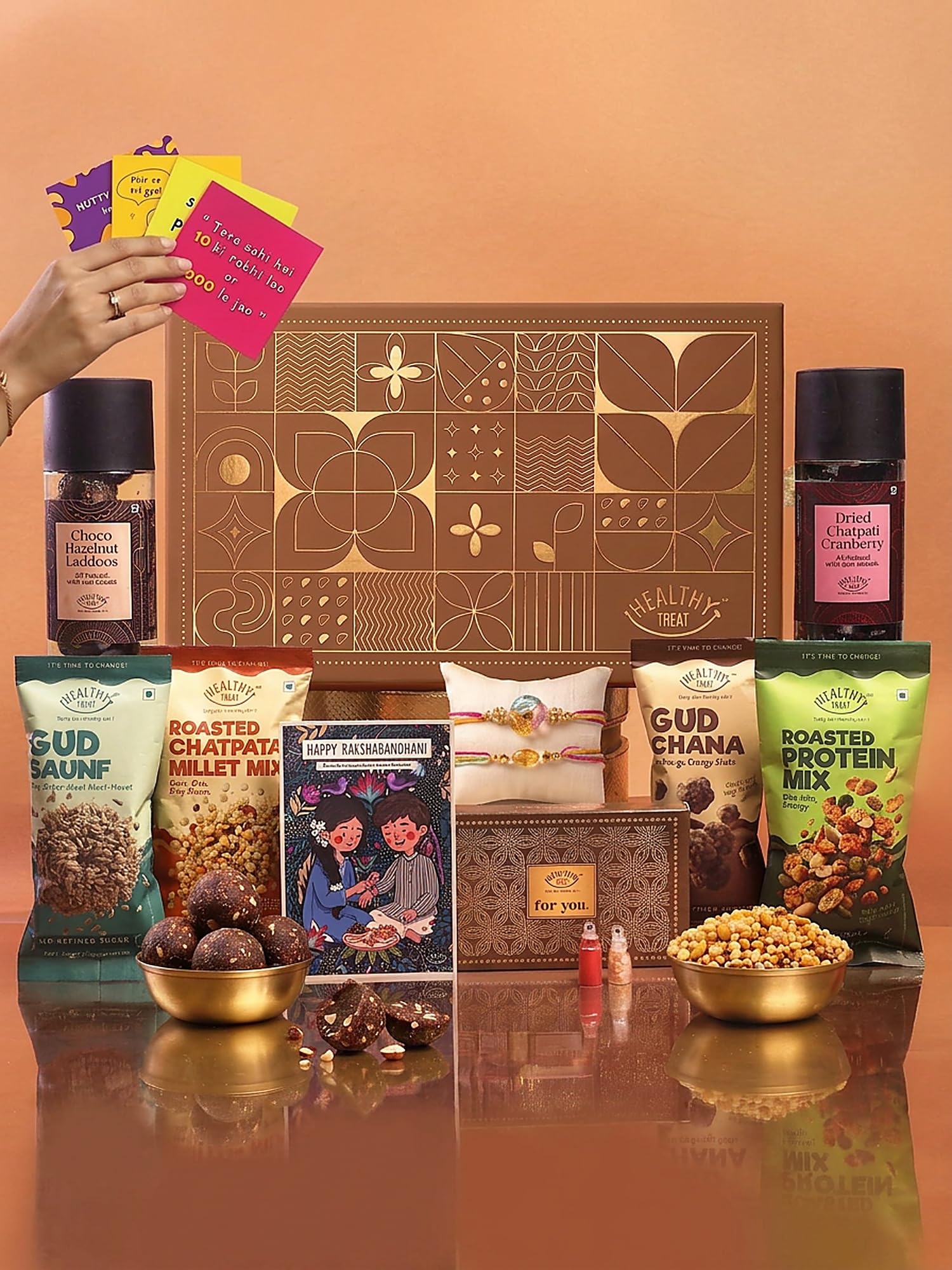 Healthy Treat Pyara Rishta Rakhi with Chocolate for Brother, 14 Items | Rakhi Pair, Roli Chawal, Chocolate Laddoo, Cranberry, Gud Chana, Gud Saunf, Protein Mix, Stickers, Raksha Bandhan Sweets