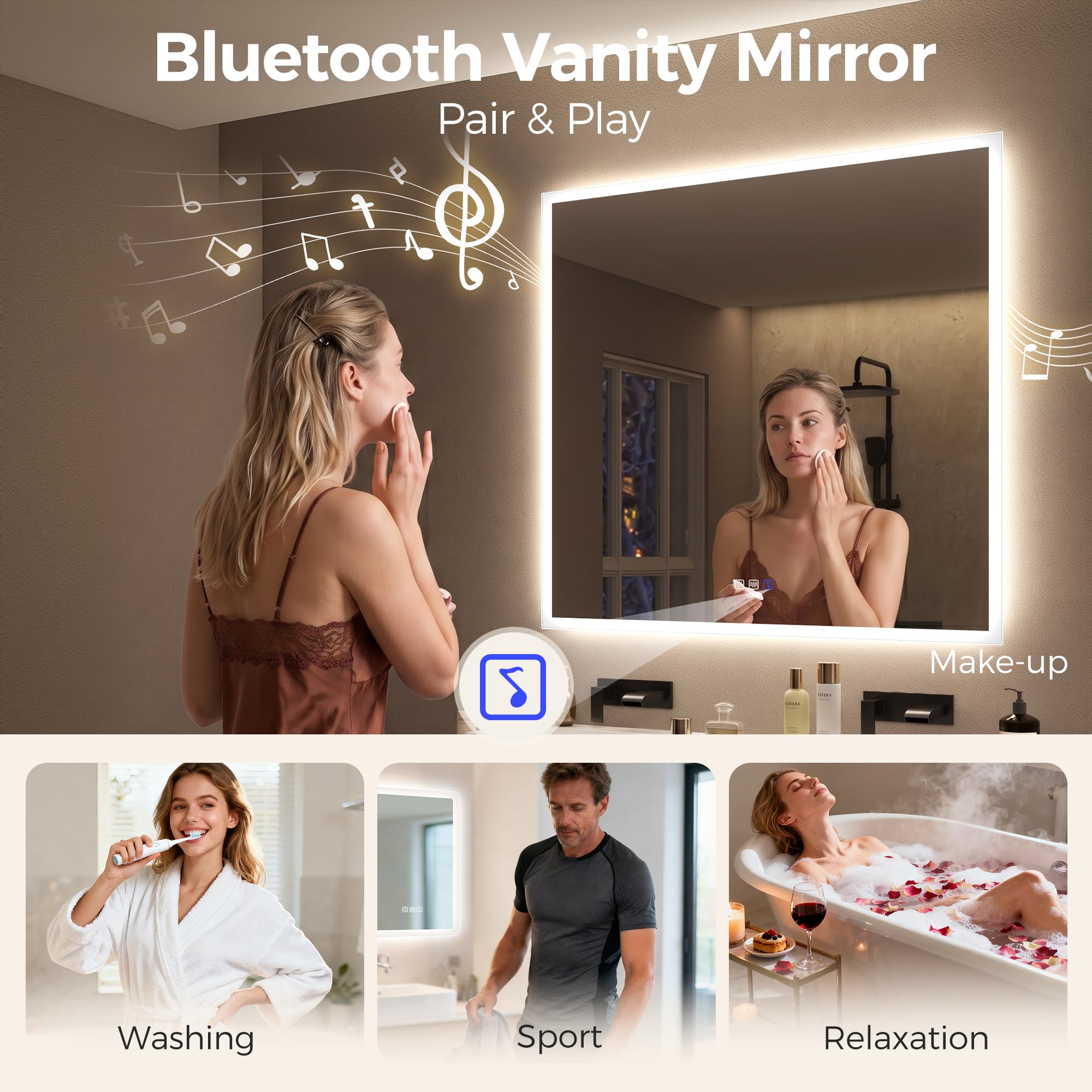 STARLEAD Espejo de baño con iluminación 100 x 100 cm, espejo LED con Bluetooth, antivaho, IP44, espejo de baño con luz, 3 temperaturas de color, regulable, función de memoria, vidrio templado HD