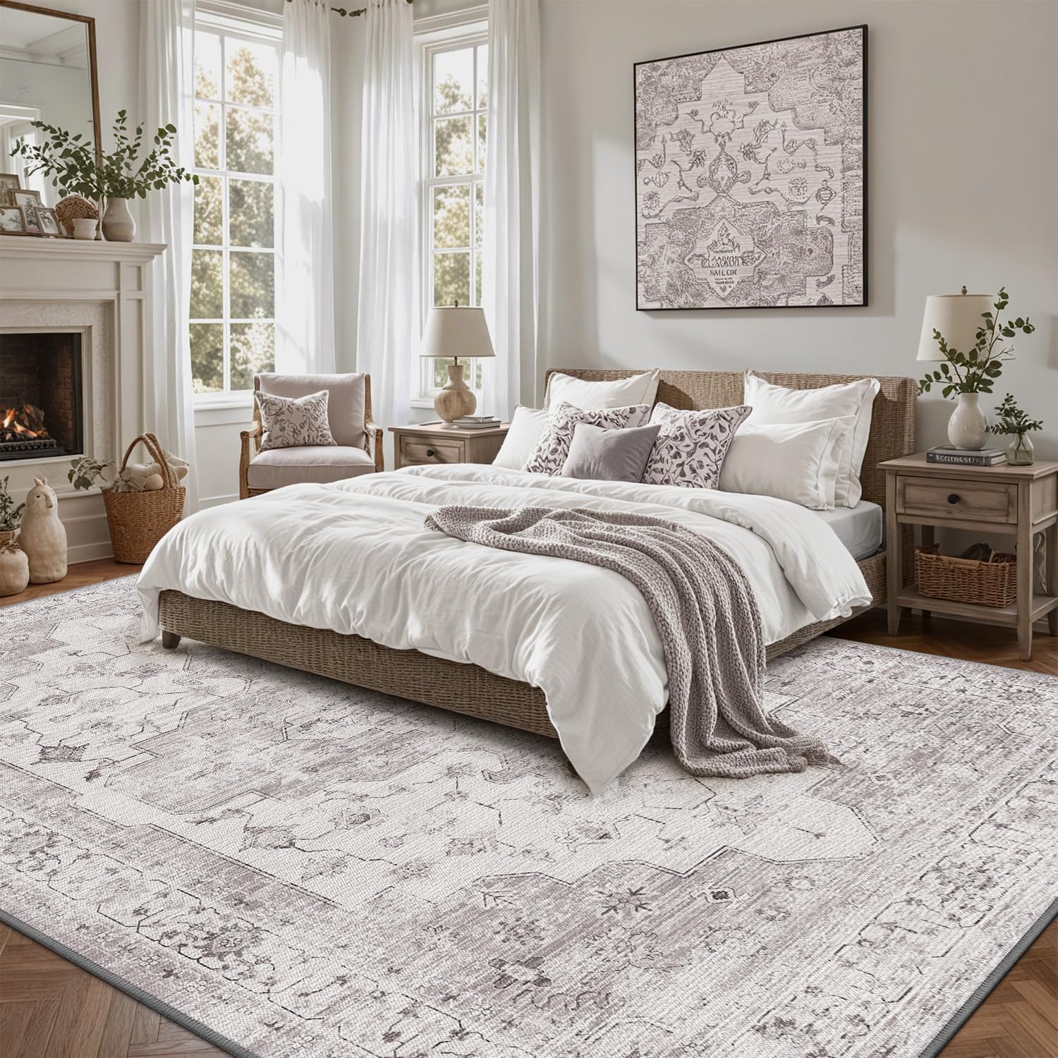 LUMI Washable 5x8 Area Rug for Living Room, Ultra Soft Vintage Rug with TPE Non Slip Backing, Stain Resistant, Low Profile Carpet High Traffic for Bedroom, Dining Room