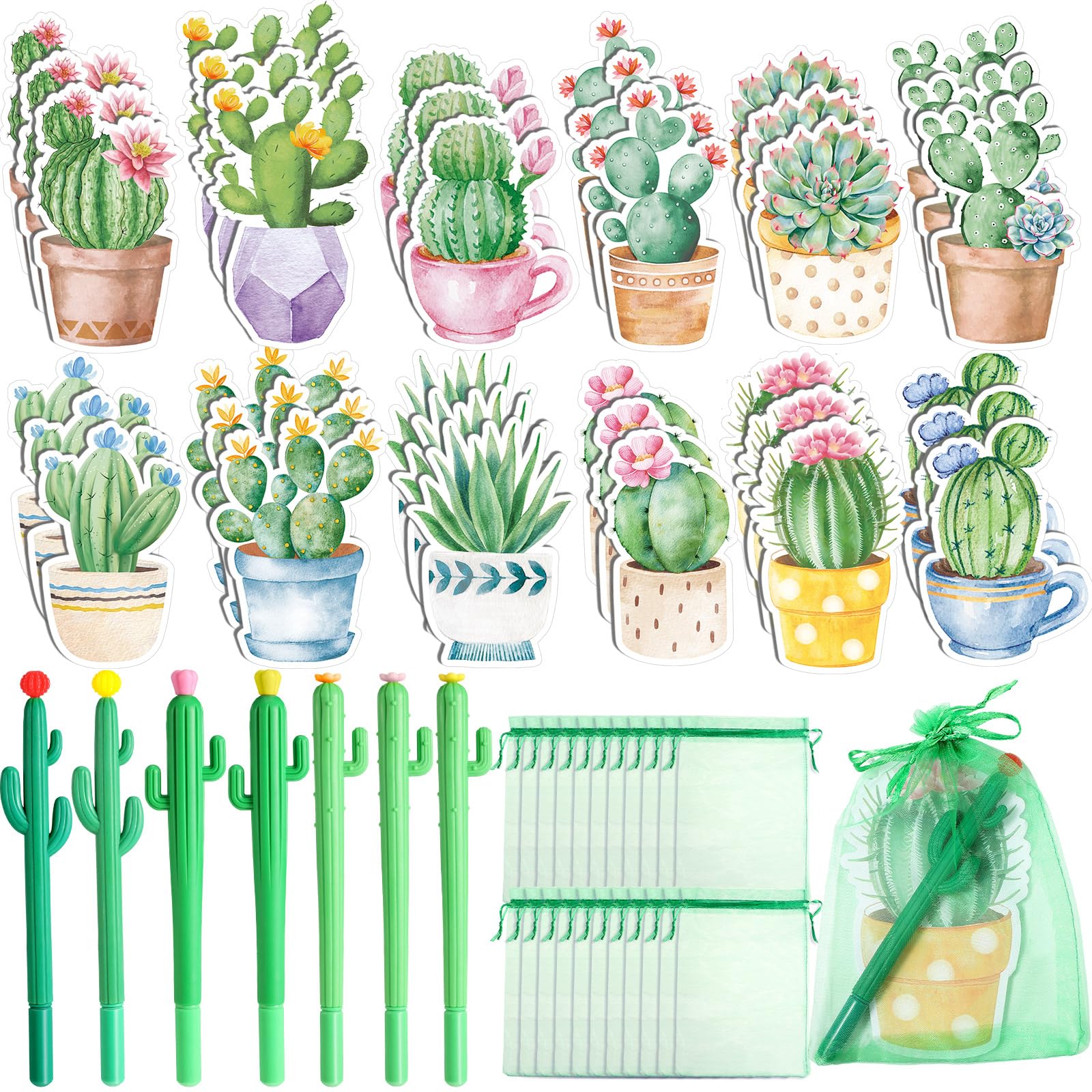 Seajan36 Sets Back to School Gifts Bulk Cactus Party Favors Sticky Notes with Ballpoint Pen and Green Organza Bags Cactus Party Inspirational Gift for School Office Home Supplies