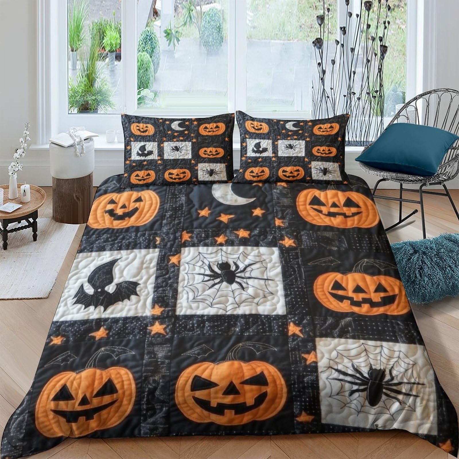 Ctjqhvkz Style-5 3D Printed Halloween Pumpkin Fitted Sheet Microfiber Soft Breathable Bat Spider Bed Cover For Bedroom Guest Room Decor Single（135X200cm）
