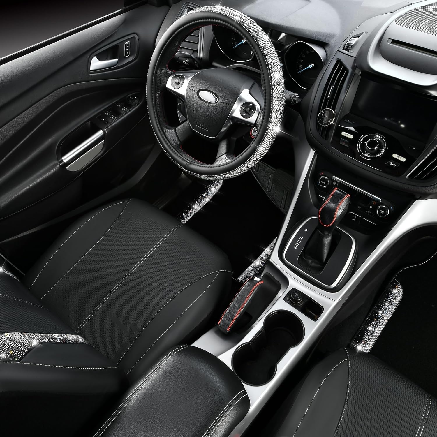 CAR PASS Leather Bling Diamond Car Seat Covers Front & Waterproof Rhinestone Car Floor Mats 4pcs & Sparkly Steering Wheel Cover 15' Universal Shining Interior Sets for 95% SUV Cute Women Black Silver - Image 3