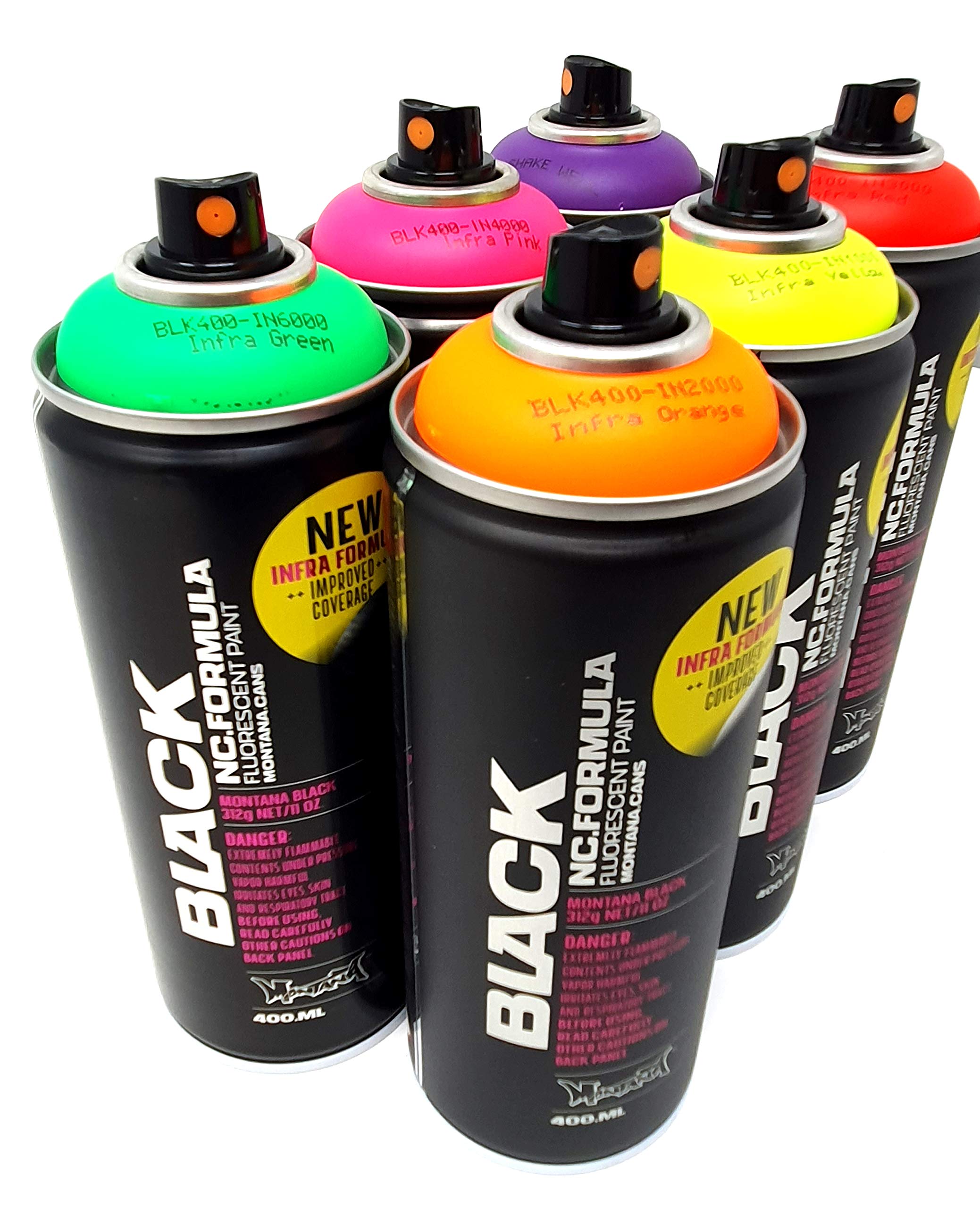 Montana Black Infra Sprühdosen Set Neon Farben + Ersatzsprühköpfe - 6 x 400ml