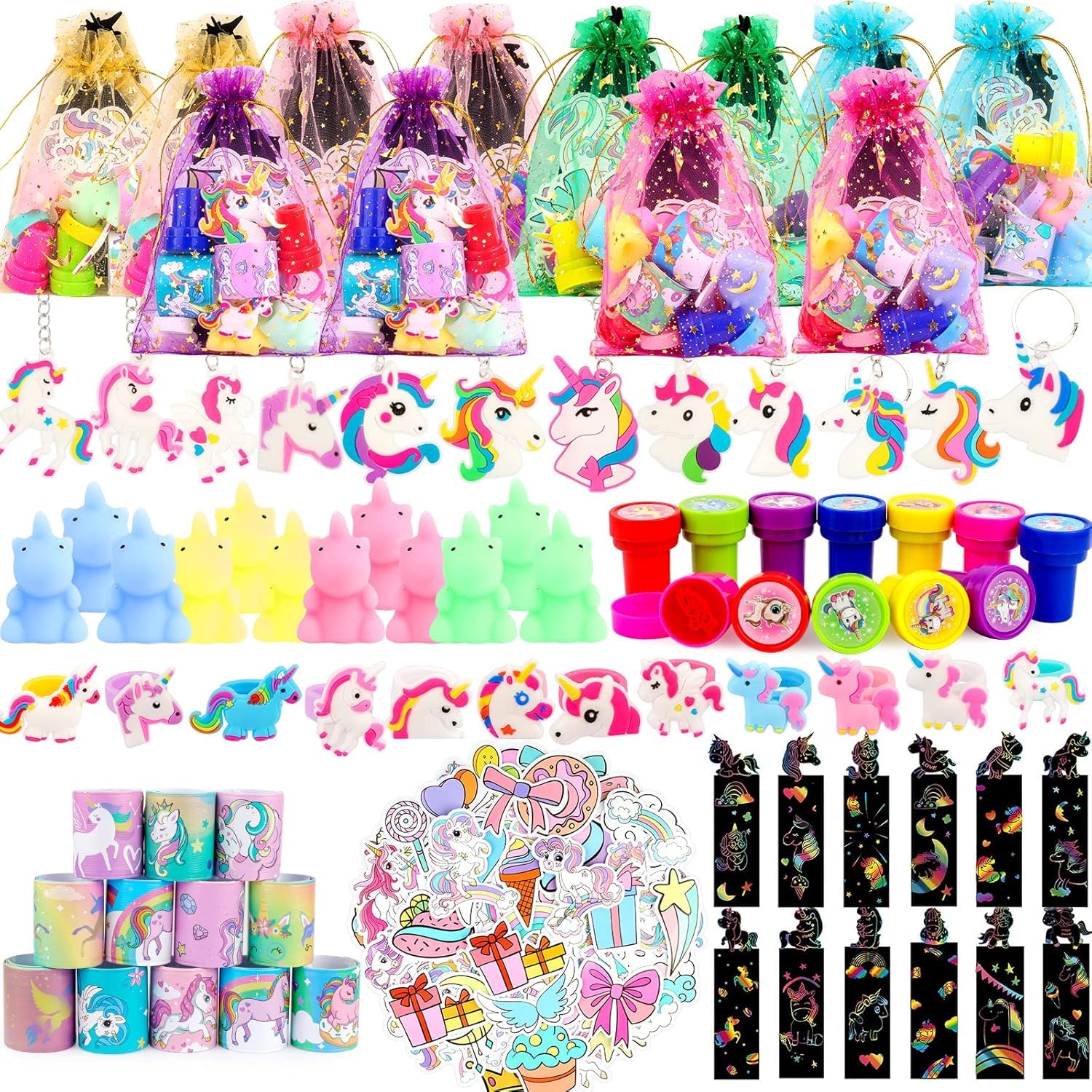 ANPHILE Unicorn Party Favors, 134 Pcs Unicorn Birthday Party Decorations Goodie Bags Keychains Slap Bracelets Stickers Rings Pinata Fillers for Birthday Party