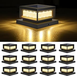 Mlambert 12 Pack Solar Powered Post Cap Lights Outdoor for 4x4/6x6 Wood/Vinyl Posts, Waterproof Deck Fence Patio Porch Light Cool/Warm Lighting, Black