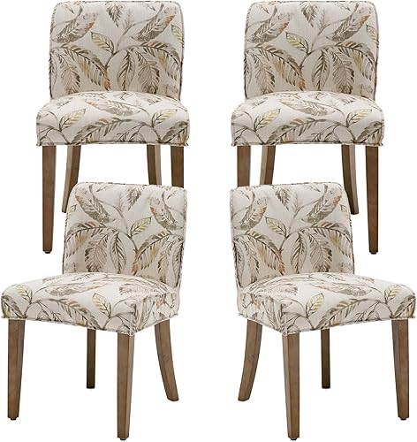 Farmhouse Dining Chairs Set of 4 Upholstered Floral Pattern Kitchen Chairs with Low Back, Linen Dining Room Chairs with Wood Legs for Home