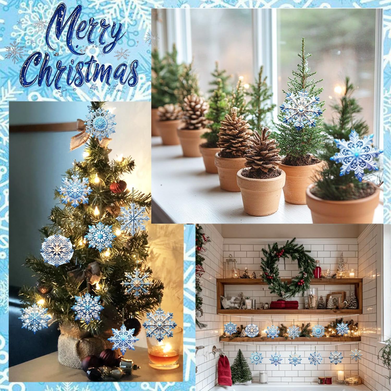 12Pcs Snowflake Decorations for Party Decor Christmas Accessories Wooden Christmas Ornaments with Hemp Rope Blue White Snowflake Hanging Ornaments Winter Xmas Hanging Decorations for Room Wall Decor - Image 5