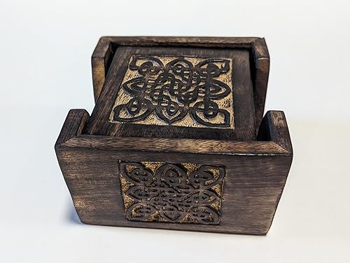 Miniatura 9 de Juego de posavasos celta soporte de posavasos de madera de mango con 6 posavasos, posavasos cuadrados de 4 pulgadas, protección de mesa y decoración