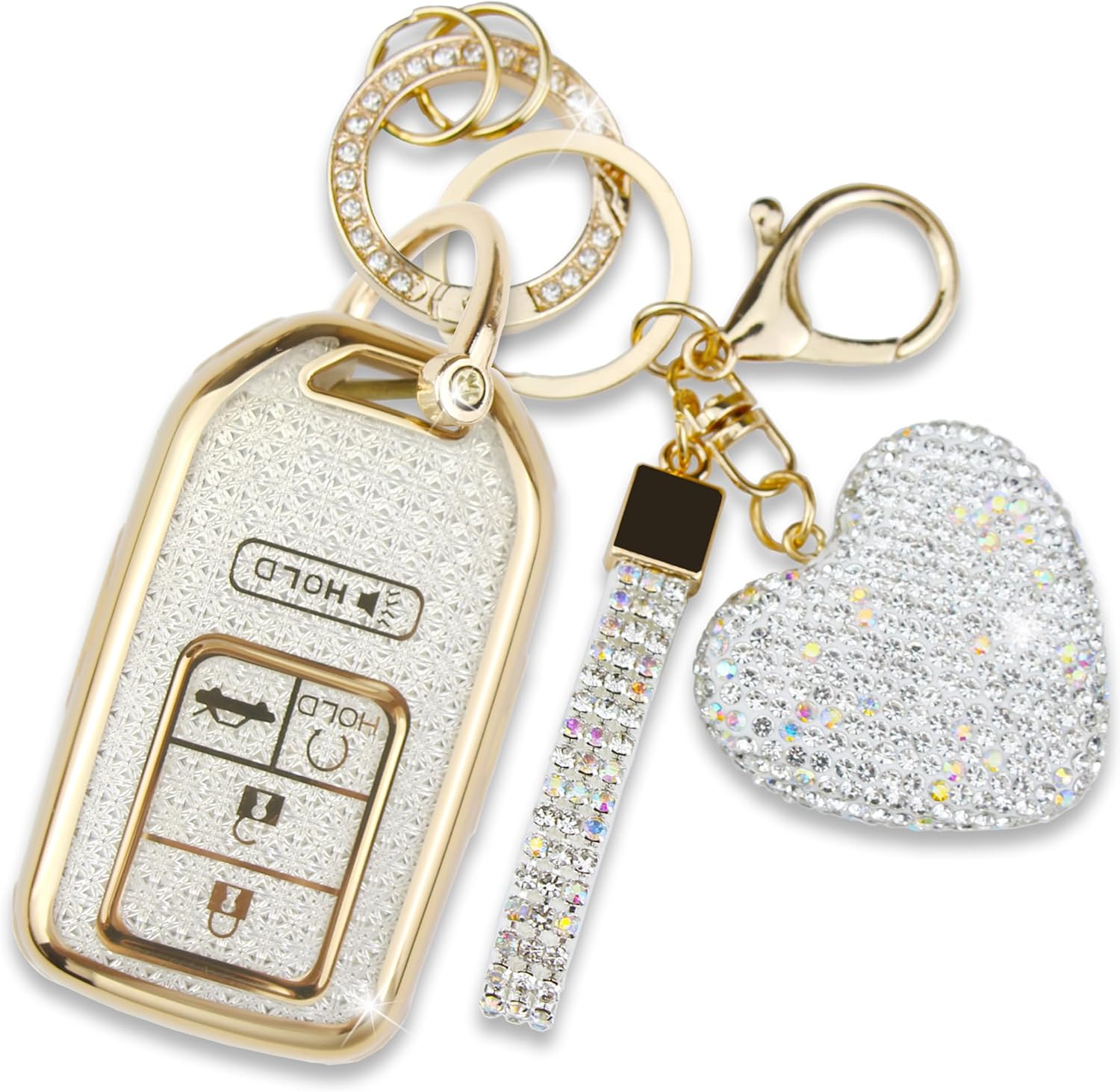 Key Fob Cover with Diamond Keychain, Car Key Shell for Women, Compatible with 2016-2022 Honda Accord Civic Pilot Ridgeline Passport Protector (5 Buttons-Gold Heart)
