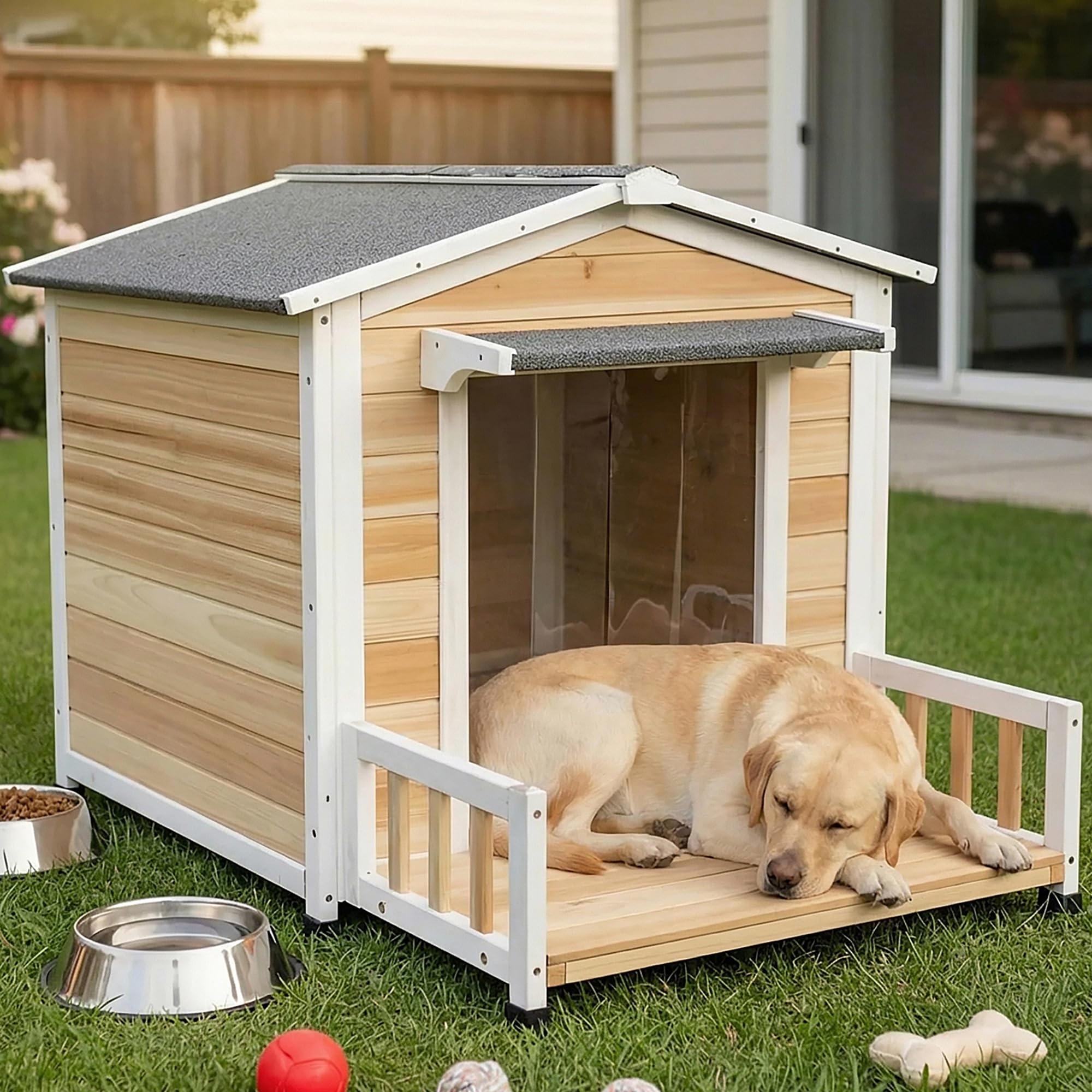 WHEGETED Large Dog House Outdoor Indoor for Small Medium Large Dog DIY Paint Wood Insulated Dog Kennel Home with Durable Weatherproof Asphalt Roof