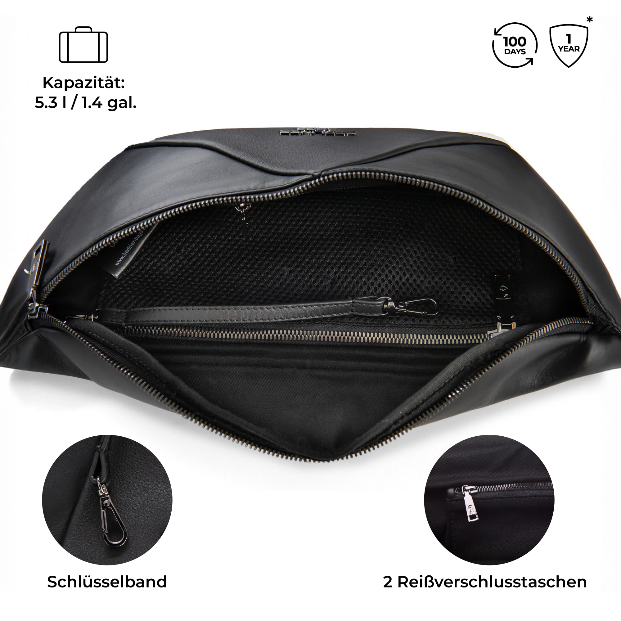 Berliner Bags Premium Bauchtasche Feline, Umhängetasche aus Leder, Crossbody Tasche, Gürteltasche für Damen und Herren - Schwarz