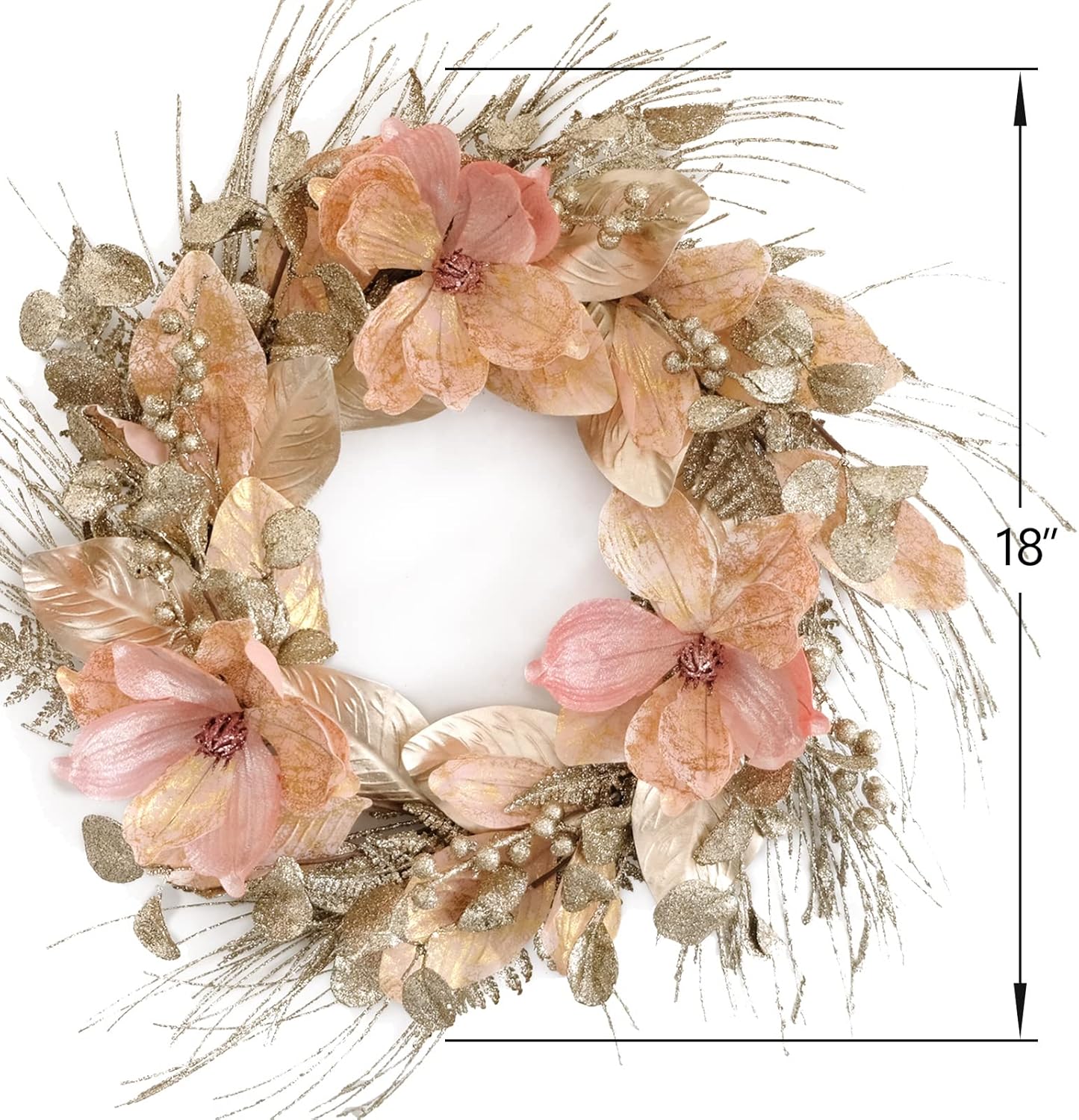 Idyllic 18 Inch Winter and Christmas Magnolia Flowers Gold Glitter Wreath for Home and Front Door Decor, Pink and Gold Magnolia Flower Wreath for Outside All Seasons Spring Indoor Outdoor Decor - Image 9