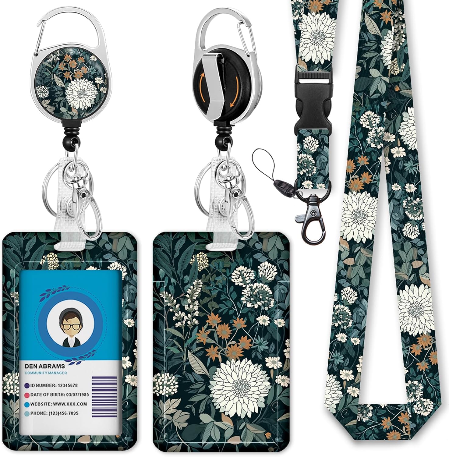 Giancomics Floral Lanyards for Id Badges, Weeds ID Badge Holder with Retractable Reel, Vintage Teacher Lanyard with Keychain Clip Name Tag Card Holder for Women Gift