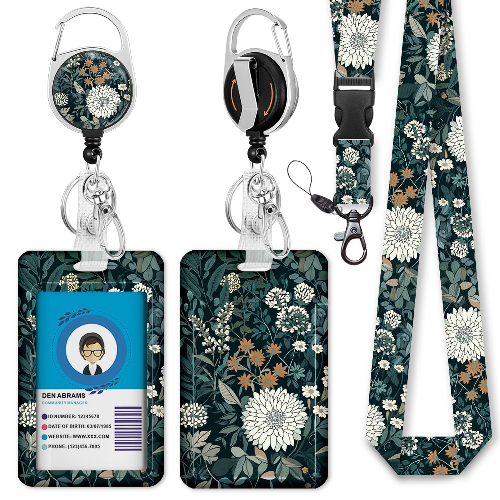 Giancomics Floral Lanyards for ID Badges, Badge Holder Retractable Reel