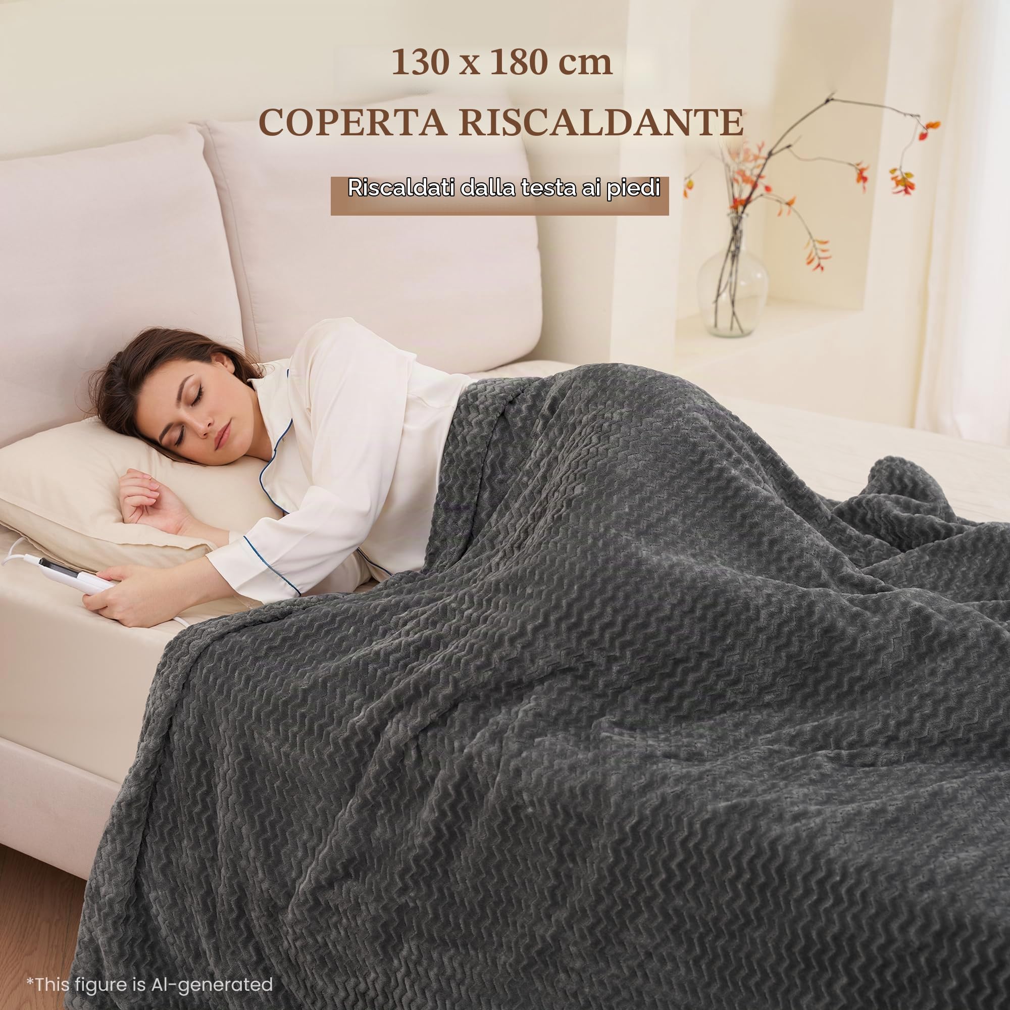 Coperta Elettrica 130x180cm, Grande Coperta Riscaldante con Motivo Onde e 6 Livelli di Calore, Spegnimento Automatico 1-10H, Lavabile in Lavatrice per Divano Letto e Ufficio (Grigio)