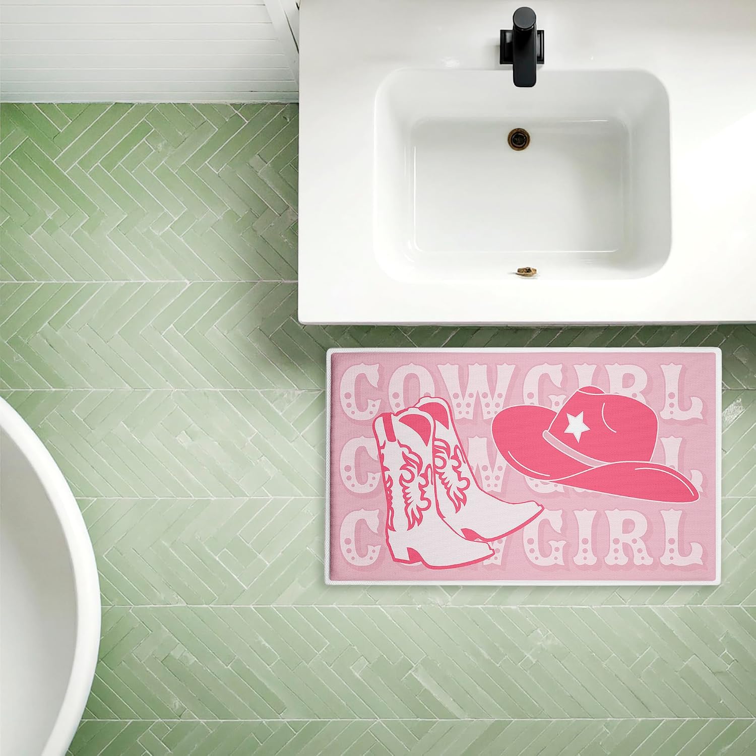 Stupell Industries Pink Pastel Cowgirl Plush Bathroom Mat & Bath Rug, Soft Quick-Dry Non-Slip Bathroom Rug with Recycled Foam Cushion, Western Boho Design by Corinne Rose Designs, 18"x30"