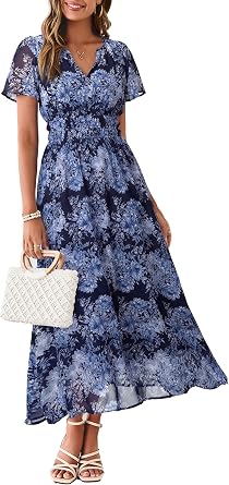 Simplee Women Floral Summer Maxi Dress Boho Flowy Casual Chiffon Short Sleeves V Neck Long Wedding Guest Dresses