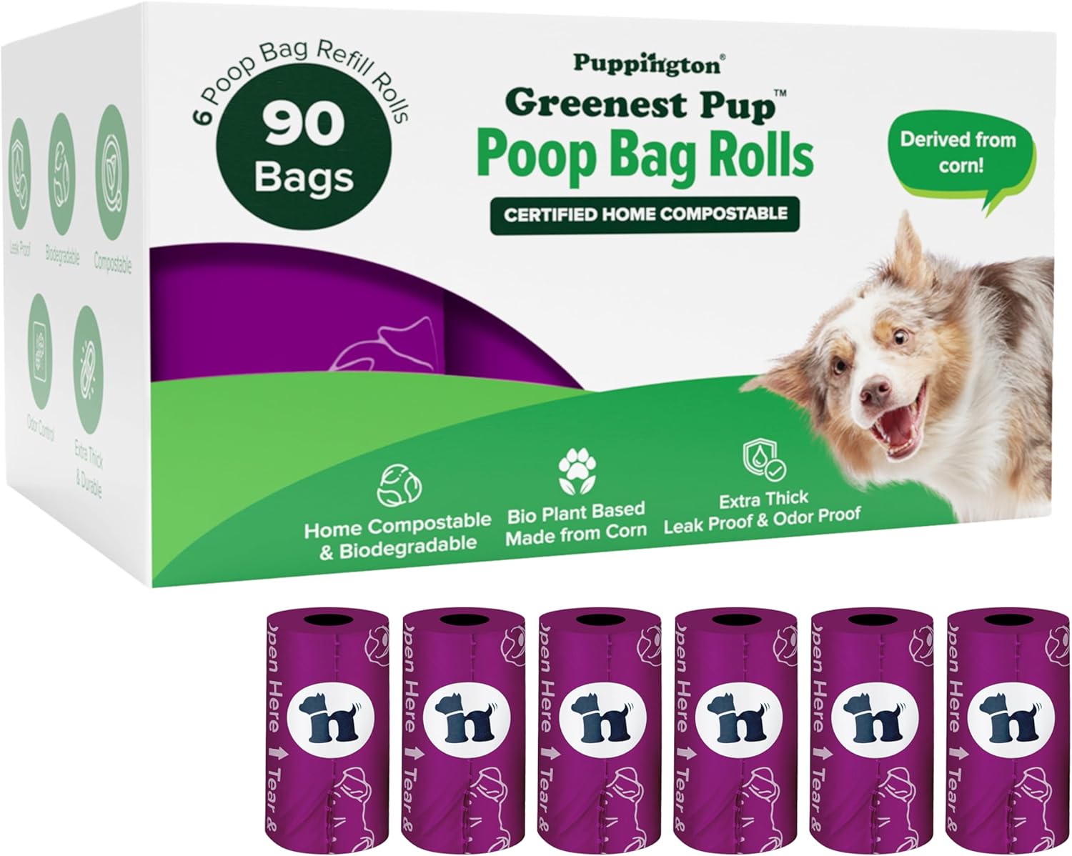 Puppington Certified Home Compostable Poop Bags - ASTM D6400 Compliant - 270 Extra Thick Bags - Plant Based - Pairs with Puppington 3-in-1 Bag & Fits all Standard Poop Bag Dispensers (Plum Wine)