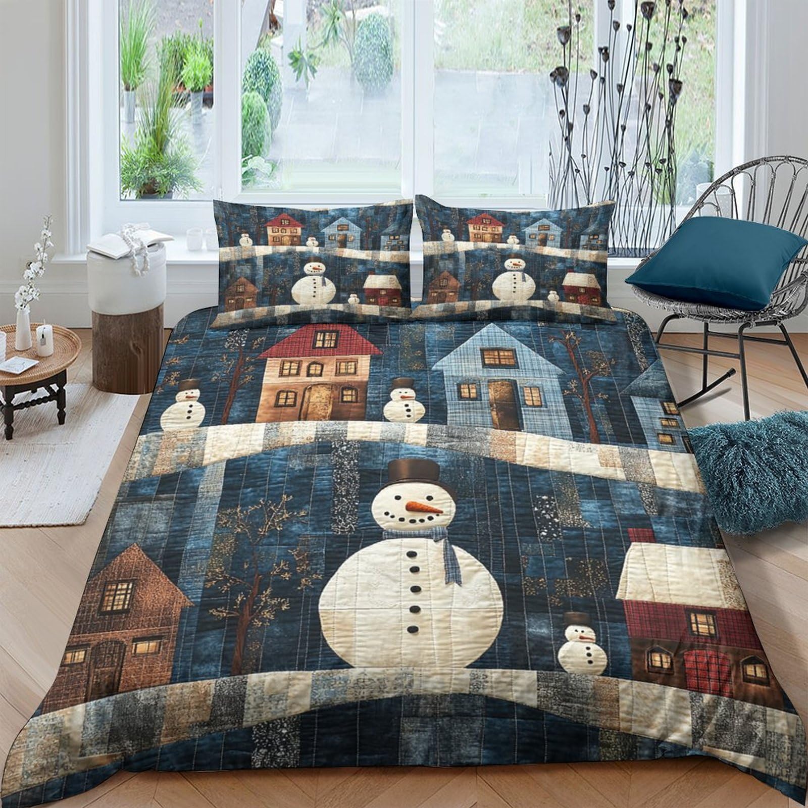 Ctjqhvkz Style-4 3D Printed Snowman Village Fitted Sheet Microfiber Soft Breathable Christmas Houses Bed Cover For Bedroom Guest Room Decor Single（135X200cm）