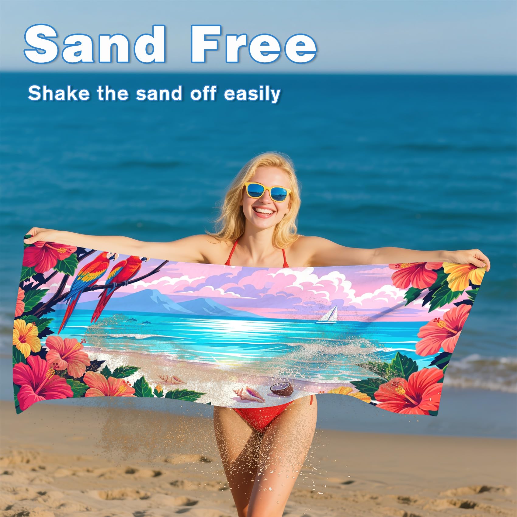 Serviette de Plage XXL Microfibre Océan Perroquet Hibiscus Tropical, Drap de Plage Séchage Rapide Anti Sable & Légère, Serviette de Bain Grande Taille 100x200 cm, Accessoire & Cadeau été