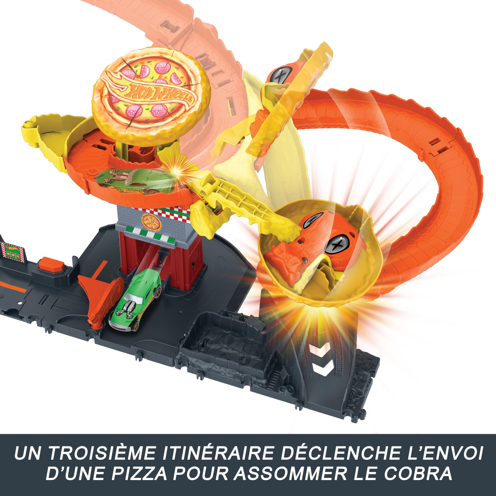 Hot Wheels Let’s Race Netflix - Coffret L’Attaque De La Pizzeria avec 1 Voiture Incluse, Piste Serpent en Spirale, Générateur Aléatoire, Échelle 1/64, Jouet Enfant, A Partir De 4 Ans, HTN81