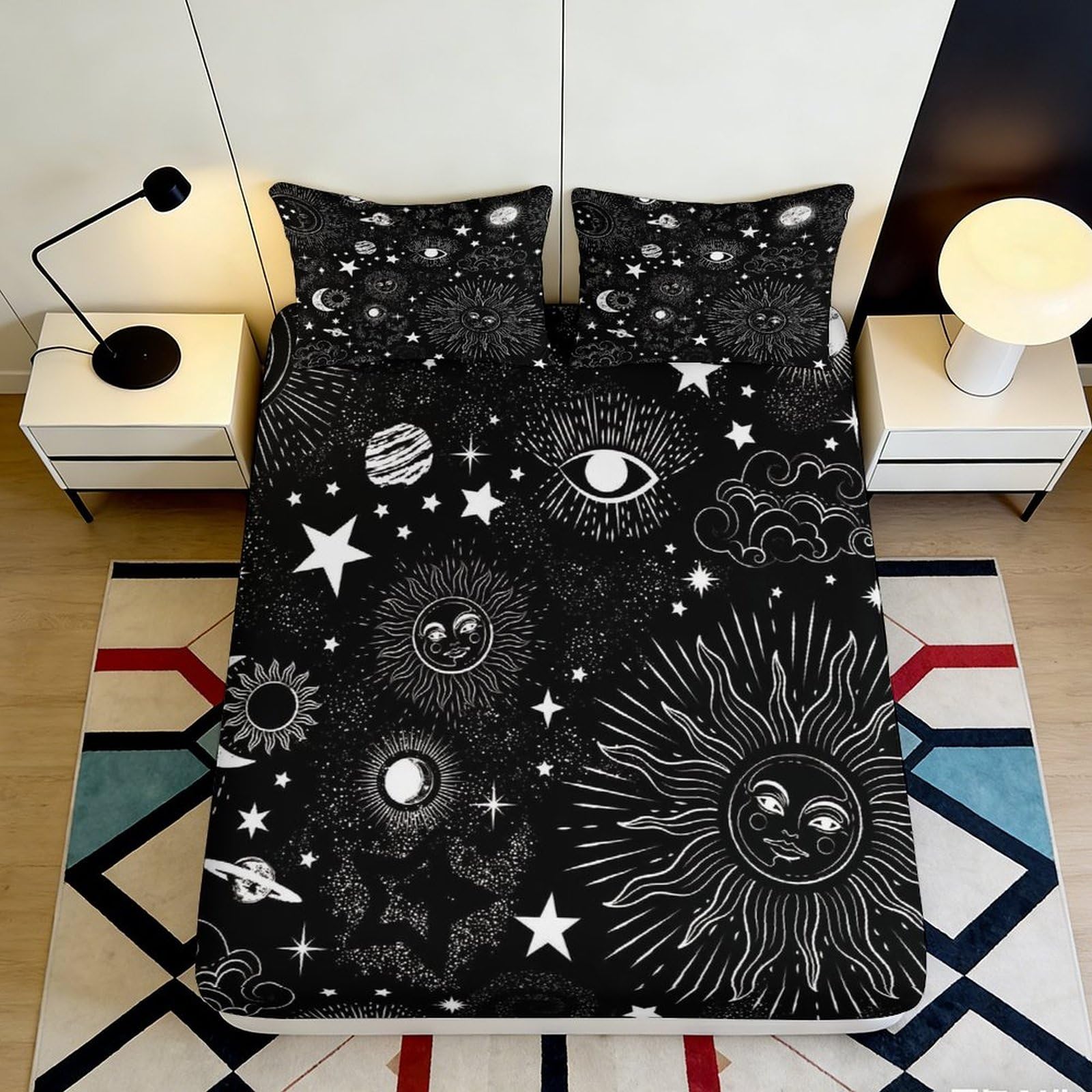 Pnayamiorkfel Style-1 3D Printed Mystic Celestial Sun Fitted Sheet Microfiber Black Boho Moon Star Mattress Cover Bedroom Decor 90X200x25cm