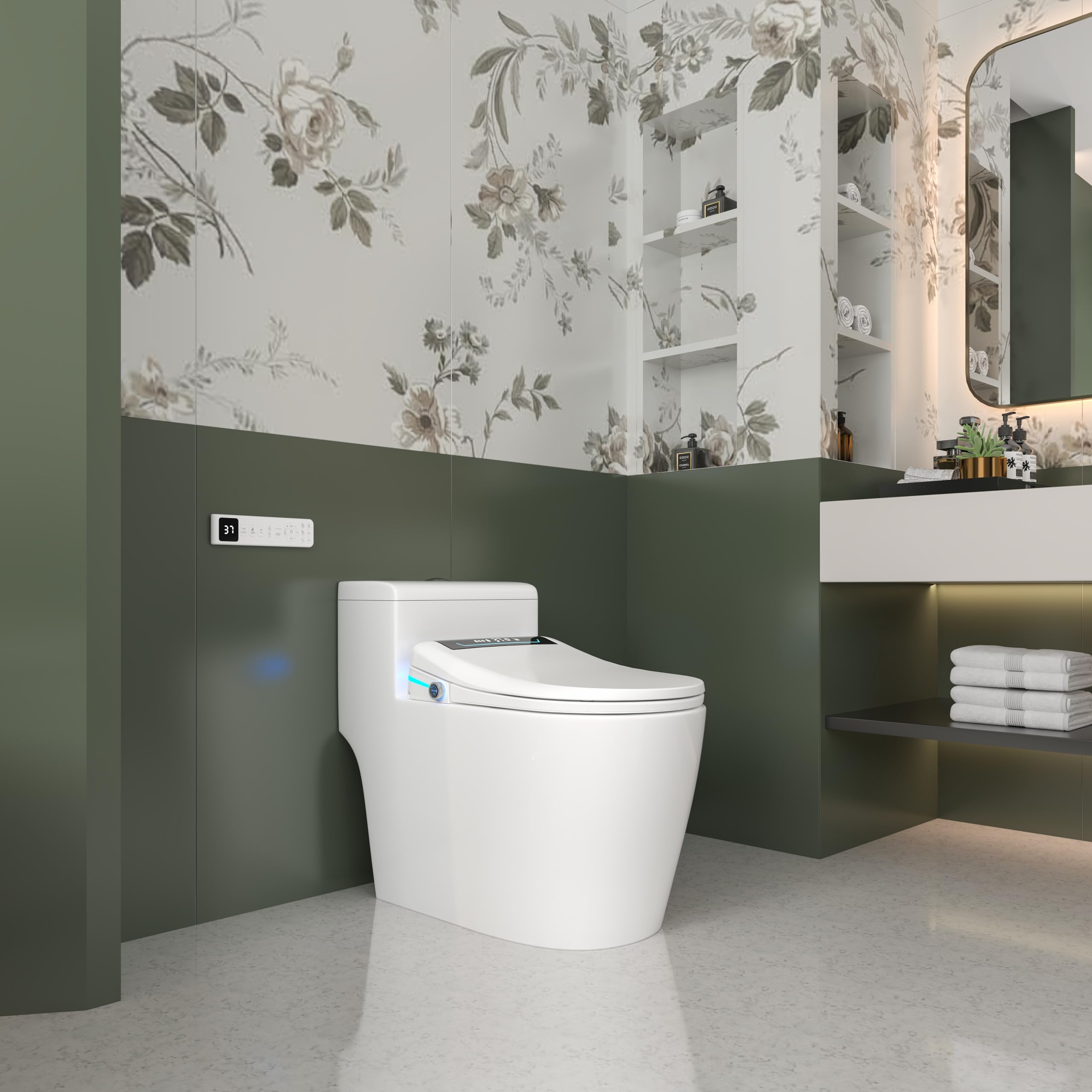 MEJE #001U – inteligentny bidet do rozszerzonej toalety ze wskaźnikiem temperatury, podgrzewaną deską sedesową, automatycznym otwieraniem i zamykaniem, funkcją mycia sterowaną temperaturą (biały)