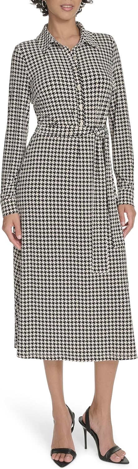 Tommy Hilfiger Womens Long Sleeve Collared Tie Waist Midi Shirt Dress