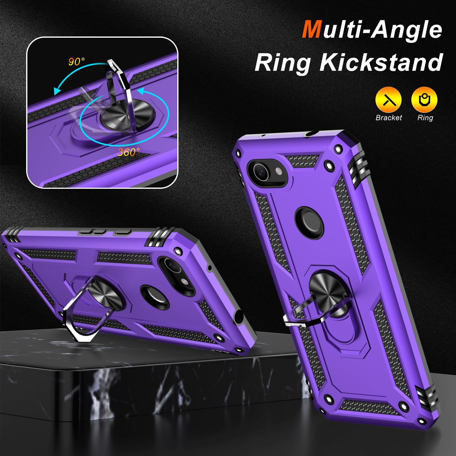 LUMARKE for Google Pixel 3A XL Case with Screen Protector,Pass 16ft. Drop Tested Military Grade Protective Phone Cover with Magnetic Ring Kickstand Compatible with Car Mount Holder Purple