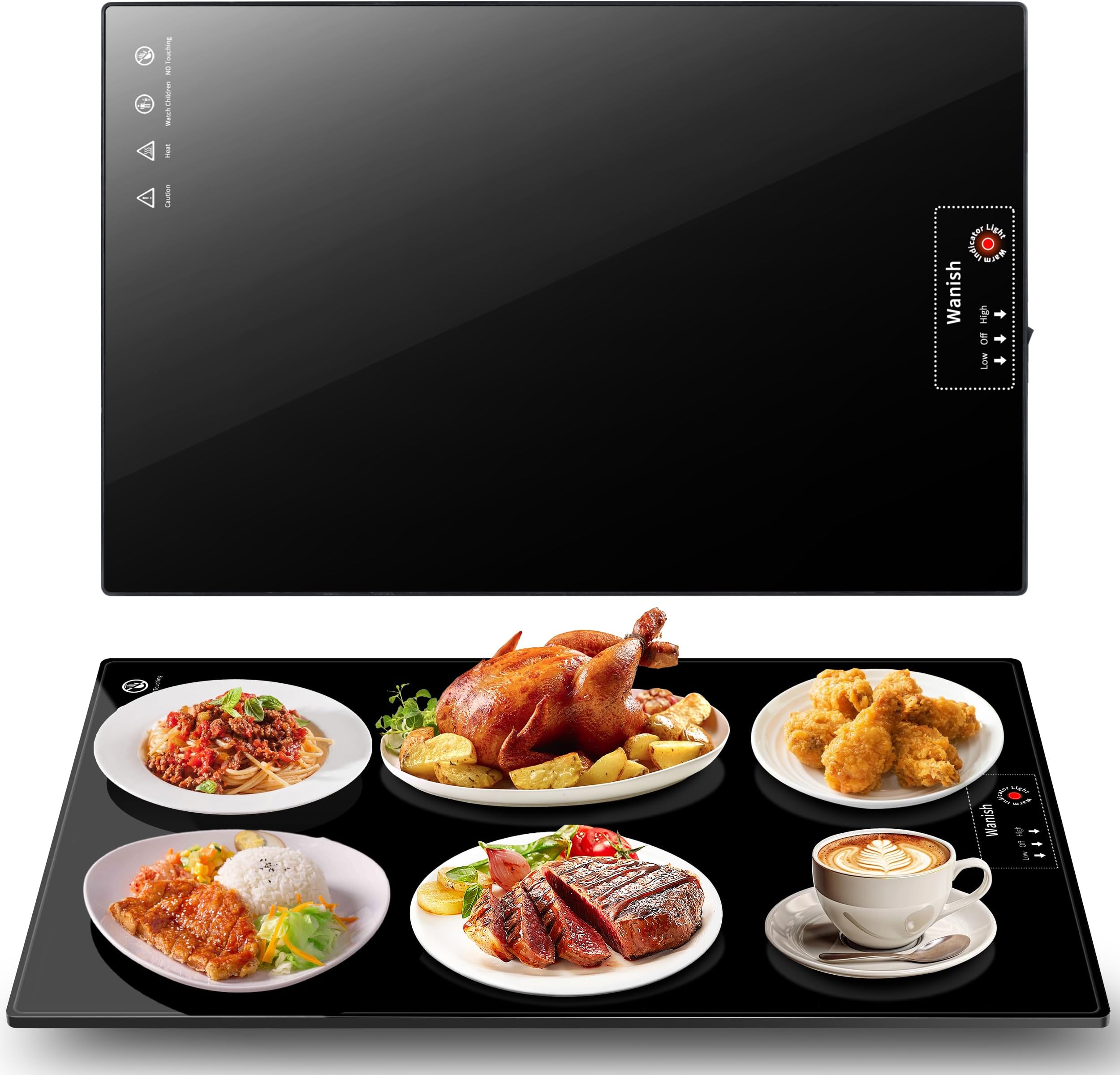 Electric Warming Tray（Large 22”x14”），Food Warmer with Thermostat and Full Surface Heating，Food Warming Mat with 2 Temperature Modes for Parties Buffet，Gatherings，Heat Resistant Glass，Black