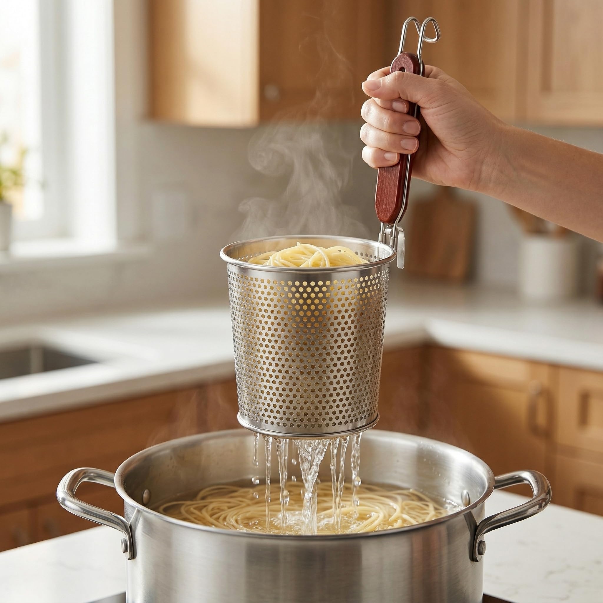 Lawei - Set di 3 cestini per pasta a rete, con manico in legno, in acciaio INOX a rete, per pasta, tagliatelle, gnocchi