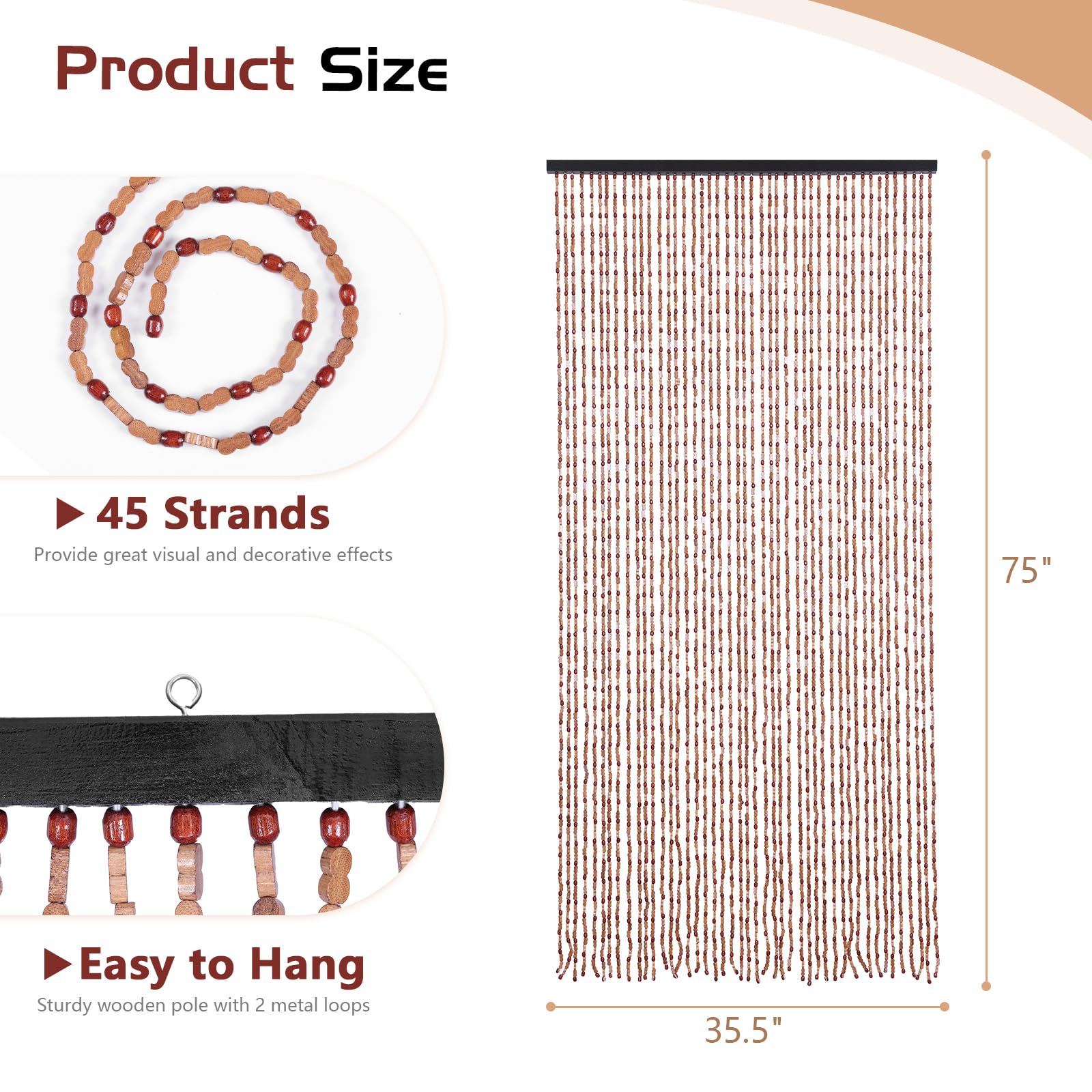 BECHAEO Rideau de porte fait à la main avec perles pour porte, 90 x 190 cm, marron | Rideau de perles bohème à suspendre pour couloir, placard, chambre à coucher, salon, séparateur de pièce hippie, esthétique